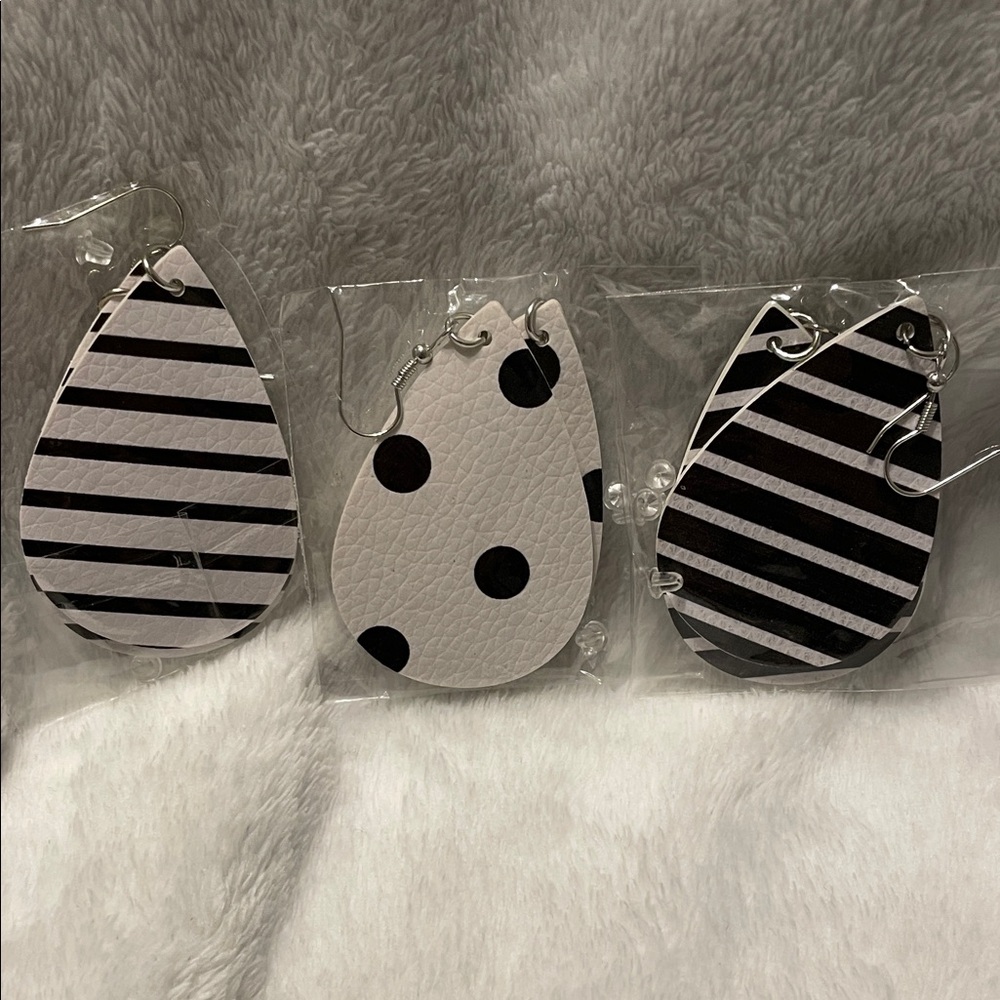 Black and White Teardrop Earrings - Stripes & Polka Dot Set